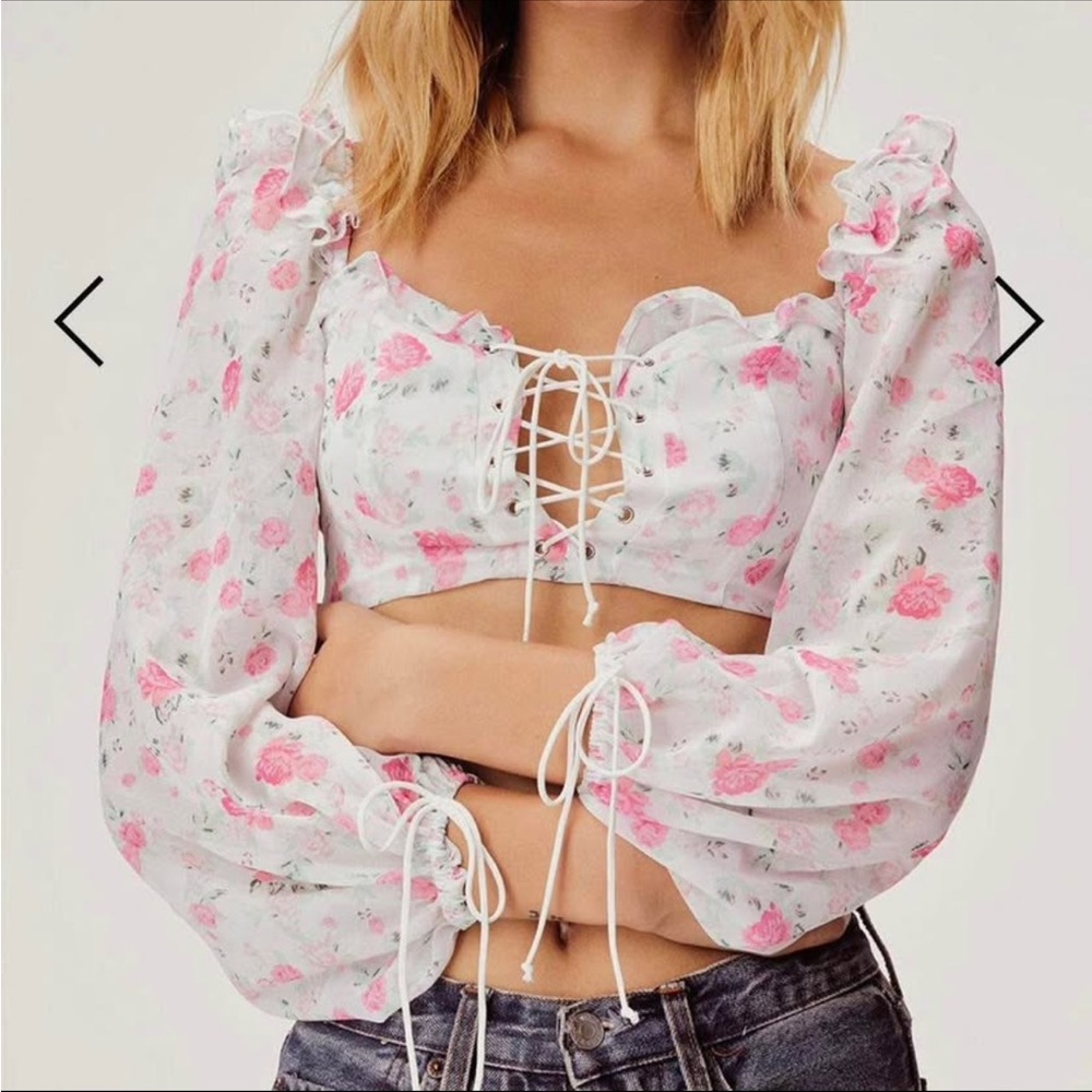 For Love And Lemons Pink Floral Lace-Up Blouse